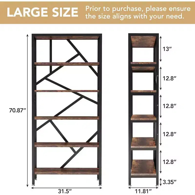Étagère industrielle Lantine de 71 pouces, bibliothèque étagère à 6 niveaux, étagère de rangement ouverte autoportante pour chambre, bureau à domicile, salon