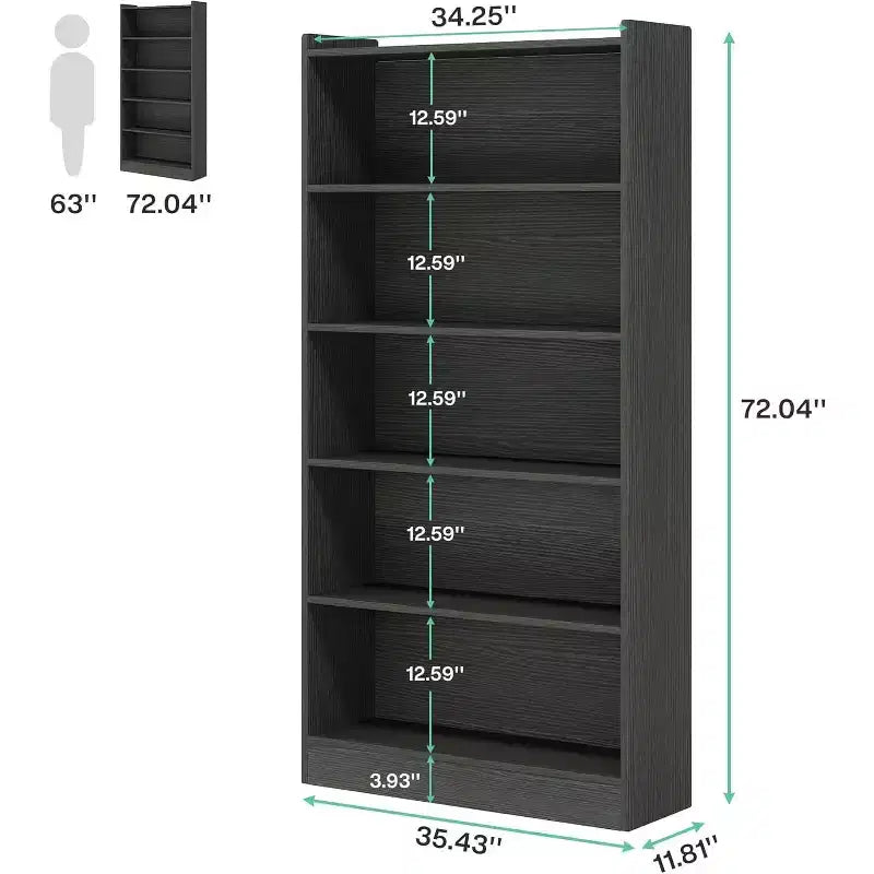 Bibliothèque Lantine de 180 cm de haut, étagère sur pied à 6 niveaux avec 5 étagères pour salon, bureau à domicile, chambre à coucher