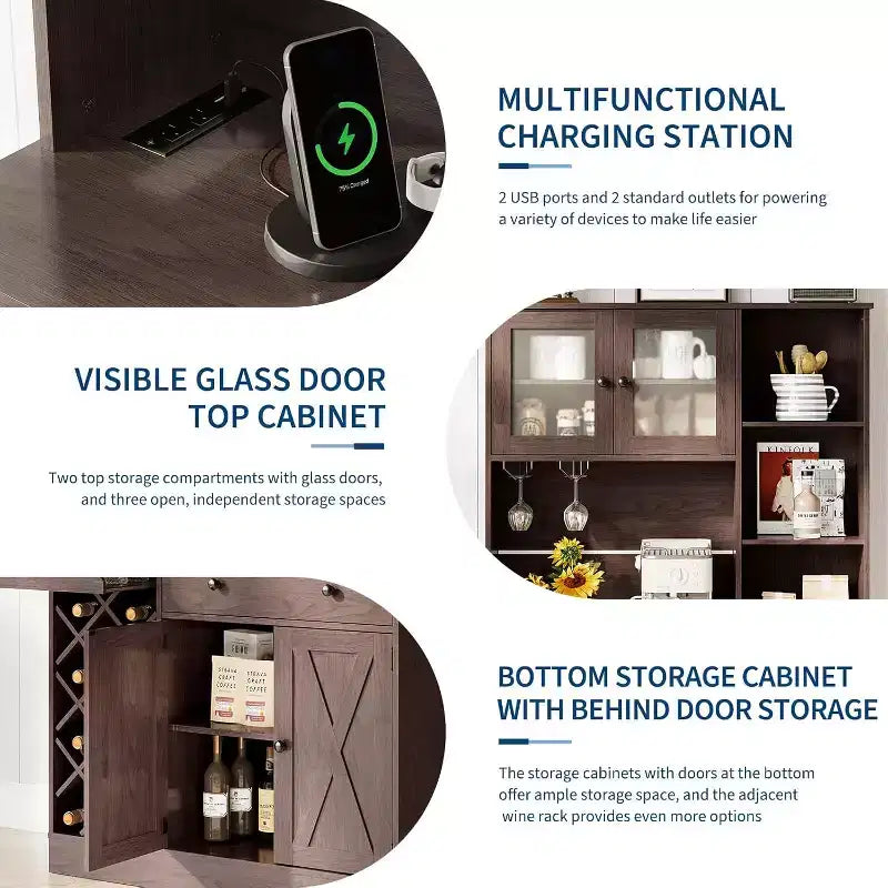 Meuble de bar à café avec portes de grange exquises, buffet de salle à manger avec support à bouteilles de vin, meuble de rangement pour cuisine, salle à manger
