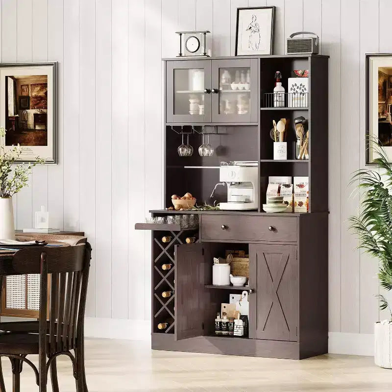Meuble de bar à café avec portes de grange exquises, buffet de salle à manger avec support à bouteilles de vin, meuble de rangement pour cuisine, salle à manger