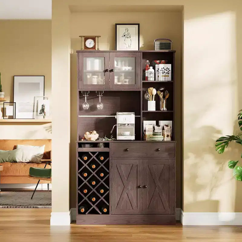 Meuble de bar à café avec portes de grange exquises, buffet de salle à manger avec support à bouteilles de vin, meuble de rangement pour cuisine, salle à manger