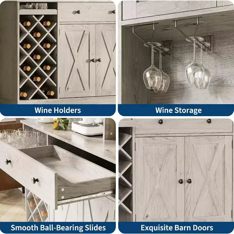 Meuble de bar à café avec portes de grange exquises, buffet de salle à manger avec support à bouteilles de vin, meuble de rangement pour cuisine, salle à manger