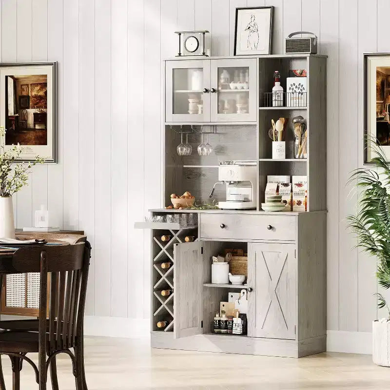 Meuble de bar à café avec portes de grange exquises, buffet de salle à manger avec support à bouteilles de vin, meuble de rangement pour cuisine, salle à manger