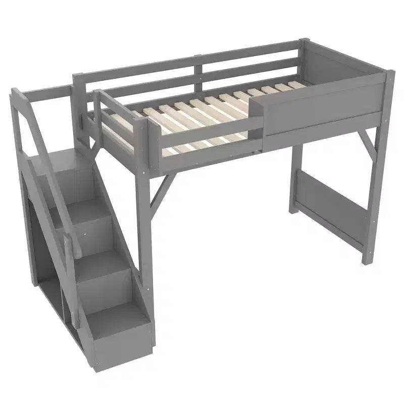 Lit mezzanine Bellemave avec armoire intégrée et espace de rangement, cadre de lit mezzanine en bois massif avec étagères de chevet, garde-corps pleine longueur et escalier,