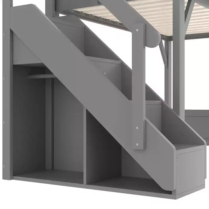 Lit mezzanine Bellemave avec armoire intégrée et espace de rangement, cadre de lit mezzanine en bois massif avec étagères de chevet, garde-corps pleine longueur et escalier,