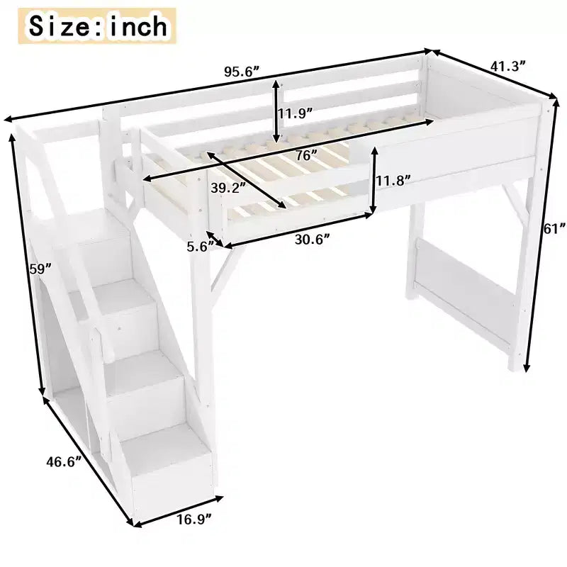Lit mezzanine Bellemave avec armoire intégrée et espace de rangement, cadre de lit mezzanine en bois massif avec étagères de chevet, garde-corps pleine longueur et escalier,