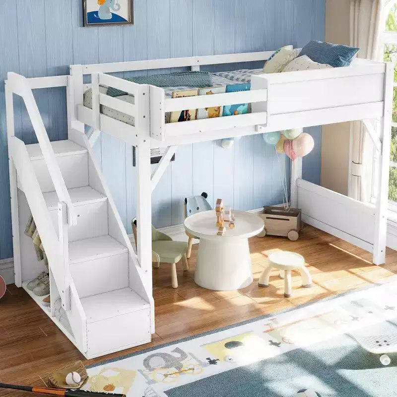 Lit mezzanine Bellemave avec armoire intégrée et espace de rangement, cadre de lit mezzanine en bois massif avec étagères de chevet, garde-corps pleine longueur et escalier,