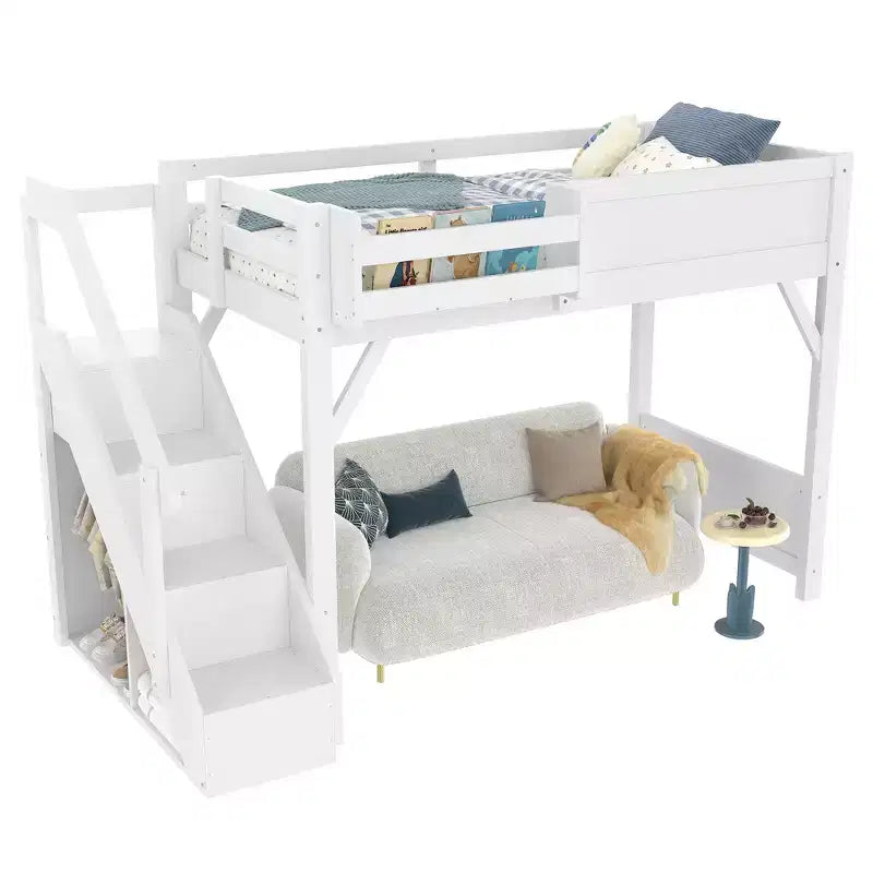 Lit mezzanine Bellemave avec armoire intégrée et espace de rangement, cadre de lit mezzanine en bois massif avec étagères de chevet, garde-corps pleine longueur et escalier,