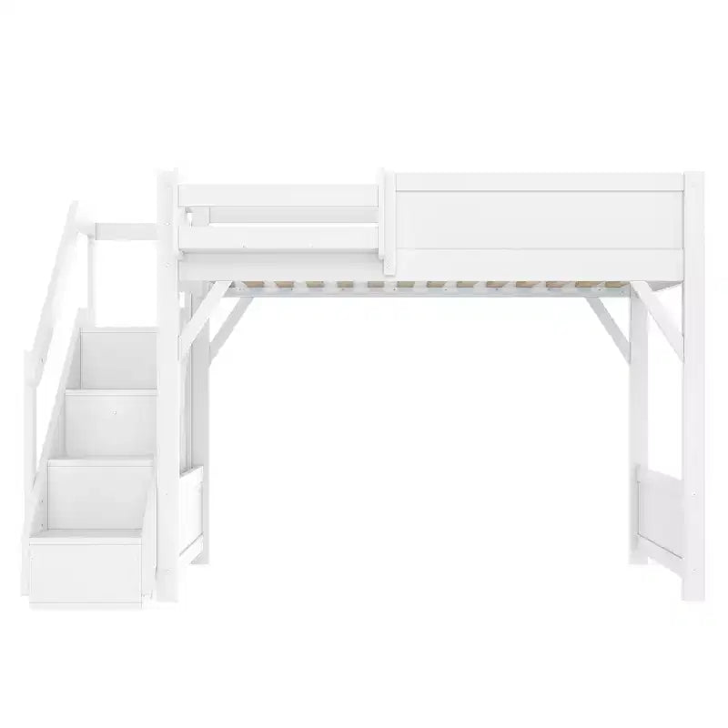 Lit mezzanine Bellemave avec armoire intégrée et espace de rangement, cadre de lit mezzanine en bois massif avec étagères de chevet, garde-corps pleine longueur et escalier,