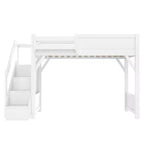 Lit mezzanine Bellemave avec armoire intégrée et espace de rangement, cadre de lit mezzanine en bois massif avec étagères de chevet, garde-corps pleine longueur et escalier,
