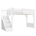Lit mezzanine Bellemave avec armoire intégrée et espace de rangement, cadre de lit mezzanine en bois massif avec étagères de chevet, garde-corps pleine longueur et escalier,