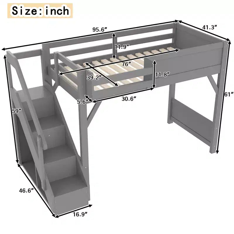 Lit mezzanine Bellemave avec armoire intégrée et espace de rangement, cadre de lit mezzanine en bois massif avec étagères de chevet, garde-corps pleine longueur et escalier,