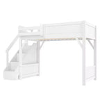 Lit mezzanine Bellemave avec armoire intégrée et espace de rangement, cadre de lit mezzanine en bois massif avec étagères de chevet, garde-corps pleine longueur et escalier,