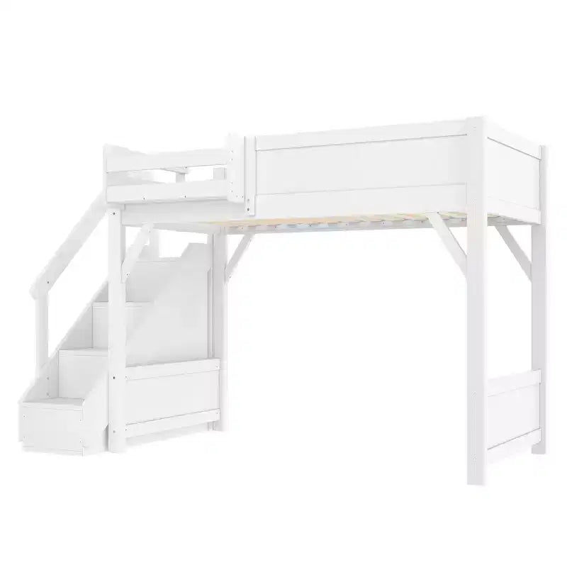 Lit mezzanine Bellemave avec armoire intégrée et espace de rangement, cadre de lit mezzanine en bois massif avec étagères de chevet, garde-corps pleine longueur et escalier,