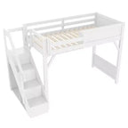 Lit mezzanine Bellemave avec armoire intégrée et espace de rangement, cadre de lit mezzanine en bois massif avec étagères de chevet, garde-corps pleine longueur et escalier,