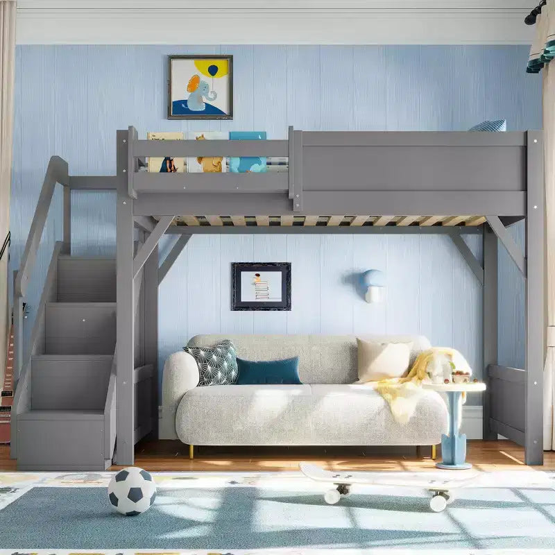 Lit mezzanine Bellemave avec armoire intégrée et espace de rangement, cadre de lit mezzanine en bois massif avec étagères de chevet, garde-corps pleine longueur et escalier,