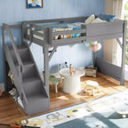 Lit mezzanine Bellemave avec armoire intégrée et espace de rangement, cadre de lit mezzanine en bois massif avec étagères de chevet, garde-corps pleine longueur et escalier,