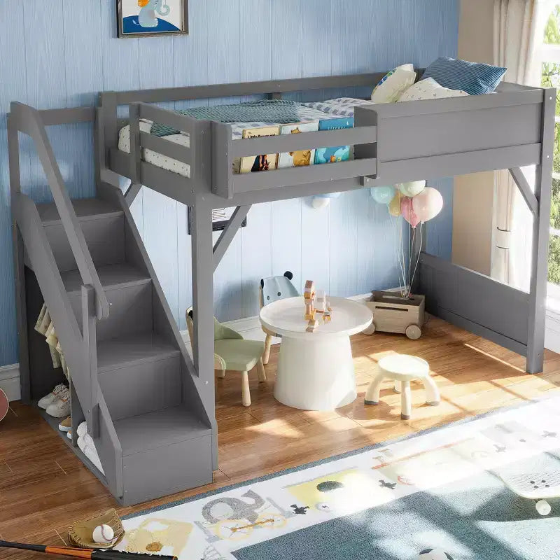 Lit mezzanine Bellemave avec armoire intégrée et espace de rangement, cadre de lit mezzanine en bois massif avec étagères de chevet, garde-corps pleine longueur et escalier,