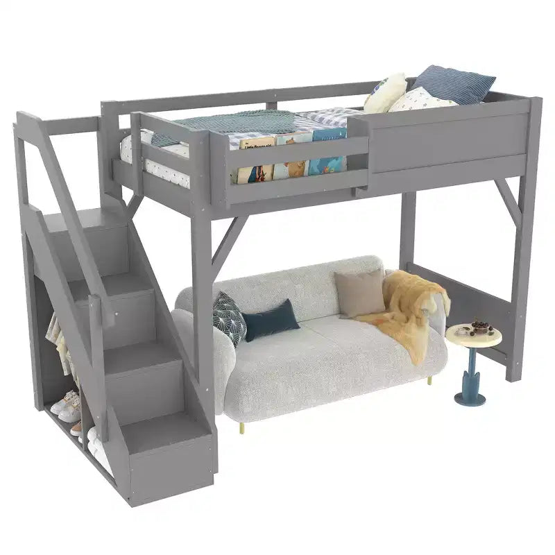 Lit mezzanine Bellemave avec armoire intégrée et espace de rangement, cadre de lit mezzanine en bois massif avec étagères de chevet, garde-corps pleine longueur et escalier,