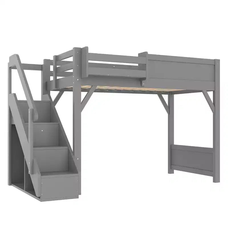Lit mezzanine Bellemave avec armoire intégrée et espace de rangement, cadre de lit mezzanine en bois massif avec étagères de chevet, garde-corps pleine longueur et escalier,