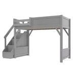 Lit mezzanine Bellemave avec armoire intégrée et espace de rangement, cadre de lit mezzanine en bois massif avec étagères de chevet, garde-corps pleine longueur et escalier,