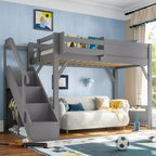 Bellemave Loft Bed with Built-in Wardrobe and Storage Space,Solid Wood Loft Bed Frame with Beside Shelves, Full-length Guardrail and Stair,