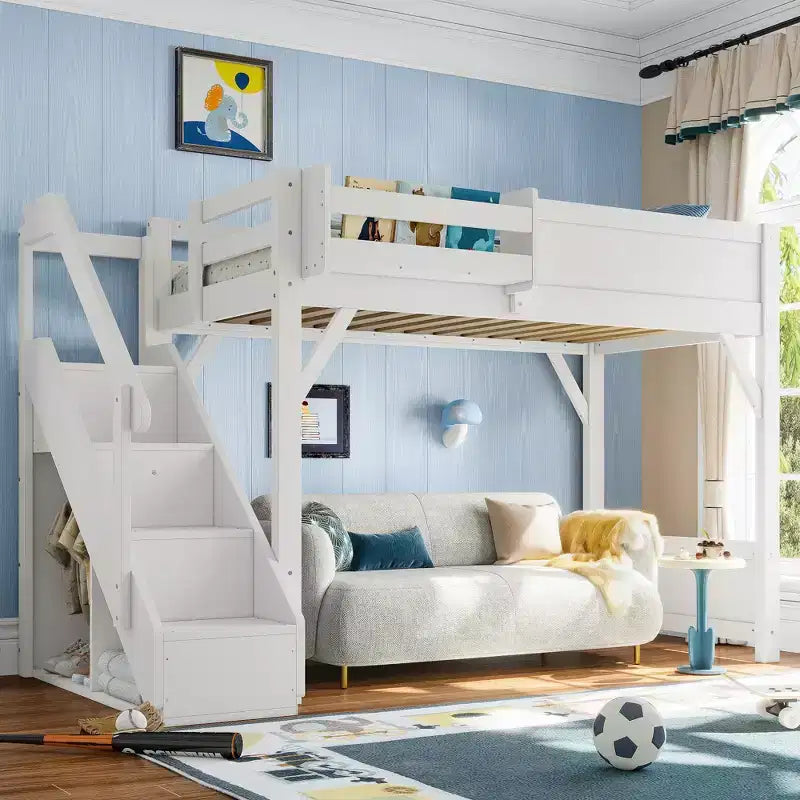 Lit mezzanine Bellemave avec armoire intégrée et espace de rangement, cadre de lit mezzanine en bois massif avec étagères de chevet, garde-corps pleine longueur et escalier,