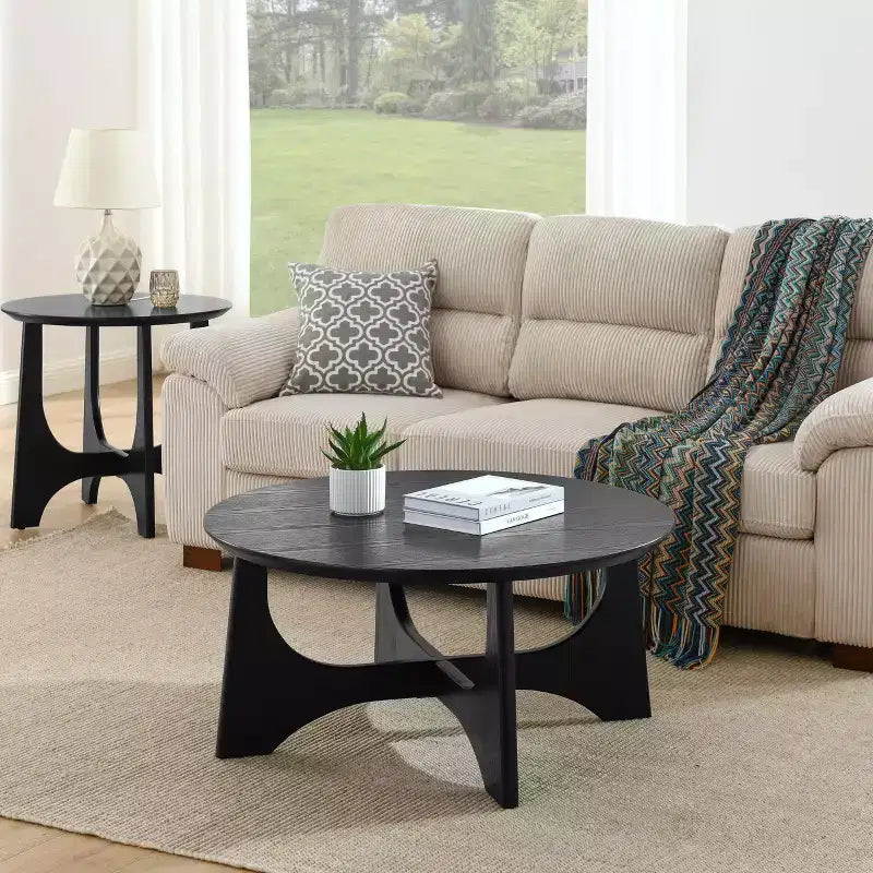 GDFStudio Sungmin Table Basse Ronde Moderne en Bois avec Pieds en Croix