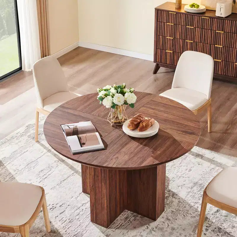 Table à manger ronde de 47 pouces pour 4 à 6 personnes, table de cuisine moderne avec base croisée robuste, meuble de salle à manger circulaire pour cuisine et salon