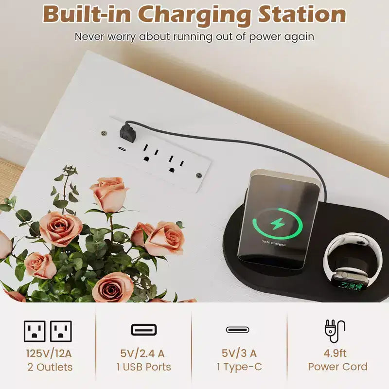 Table d'appoint Costway 2 pièces avec station de recharge intégrée ports USB prises 2 tiroirs 3 étagères Blanc