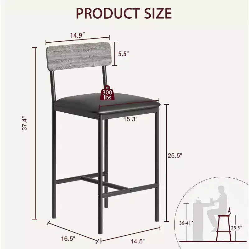 Lot de 4 tabourets de comptoir gris rembourrés Chaises de salle à manger modernes de 64,7 cm avec pieds en métal, repose-pieds et dossier pour îlot de cuisine ou salle à manger
