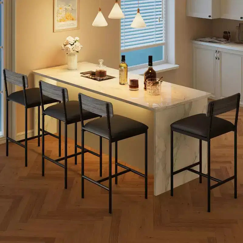 Lot de 4 tabourets de comptoir gris rembourrés Chaises de salle à manger modernes de 64,7 cm avec pieds en métal, repose-pieds et dossier pour îlot de cuisine ou salle à manger