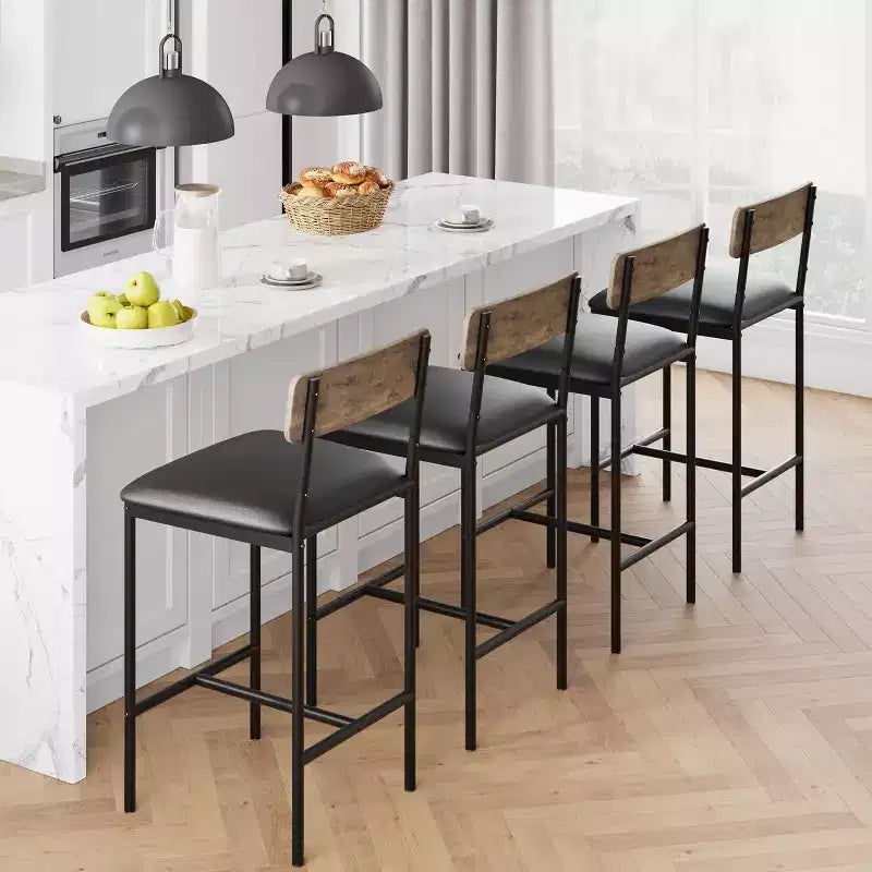 Set of 4 Gray Upholstered Counter Stools  Modern 25.5 Dining Chairs with Metal Legs, Footrest & Backrest for Kitchen Island or Dining Room