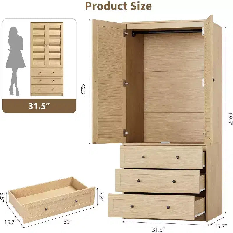 Armoire à persiennes, garde-robe 3 tiroirs Amorior U7 en PB+MDF+Stratifié, finition teck, pour chambre et vestiaire