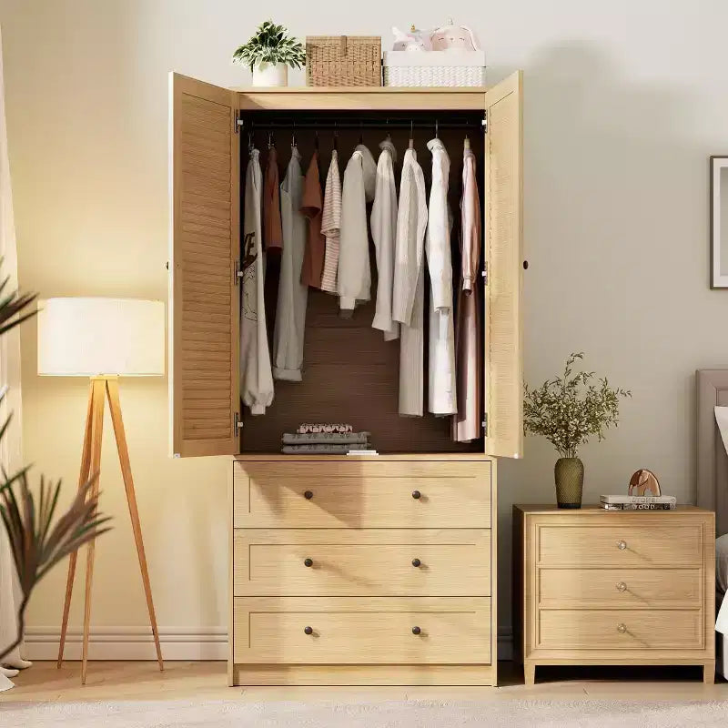 Armoire à persiennes, garde-robe 3 tiroirs Amorior U7 en PB+MDF+Stratifié, finition teck, pour chambre et vestiaire