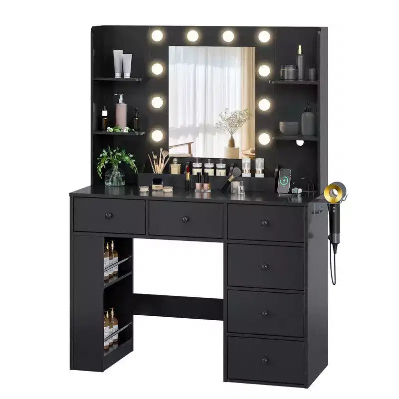 Coiffeuse à double couche avec 6 tiroirs et 3 compartiments, style rangement à panneau latéral, en panneaux de particules blancs plaqués de mélamine texturée.