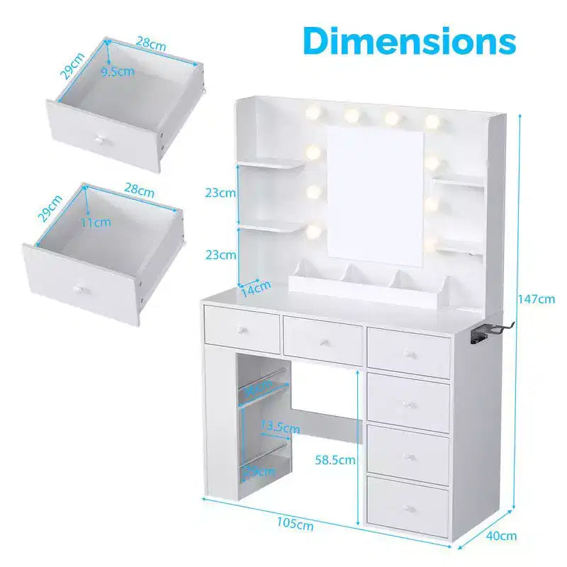 Coiffeuse à double couche avec 6 tiroirs et 3 compartiments, style rangement à panneau latéral, en panneaux de particules blancs plaqués de mélamine texturée.
