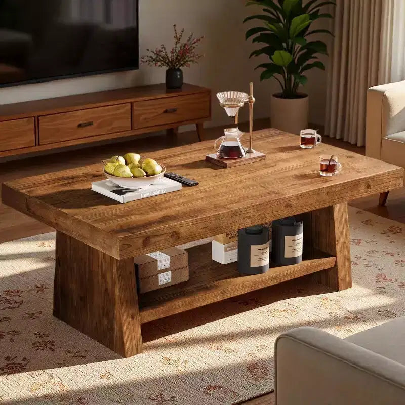 Lantine 2-Tier Solid Wood Coffee Table, 47-Inch Farmhouse Center Table with Storage for Living Room, Apartment, Home Office, Dark Brown
