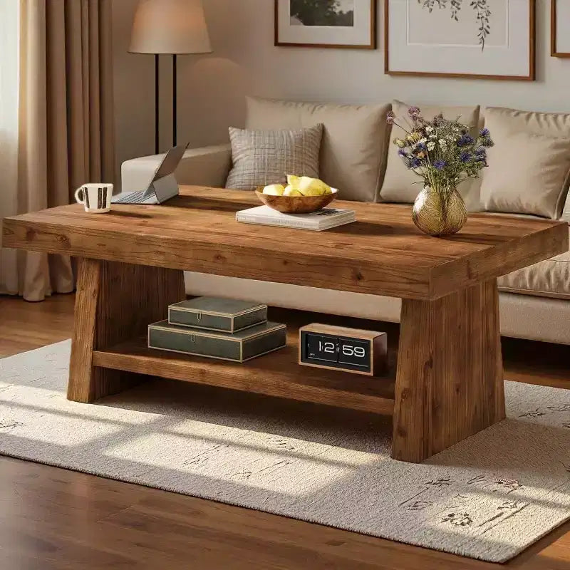 Table basse Lantine à 2 niveaux en bois massif, table basse de ferme de 47 pouces avec rangement pour salon, appartement, bureau à domicile, marron foncé