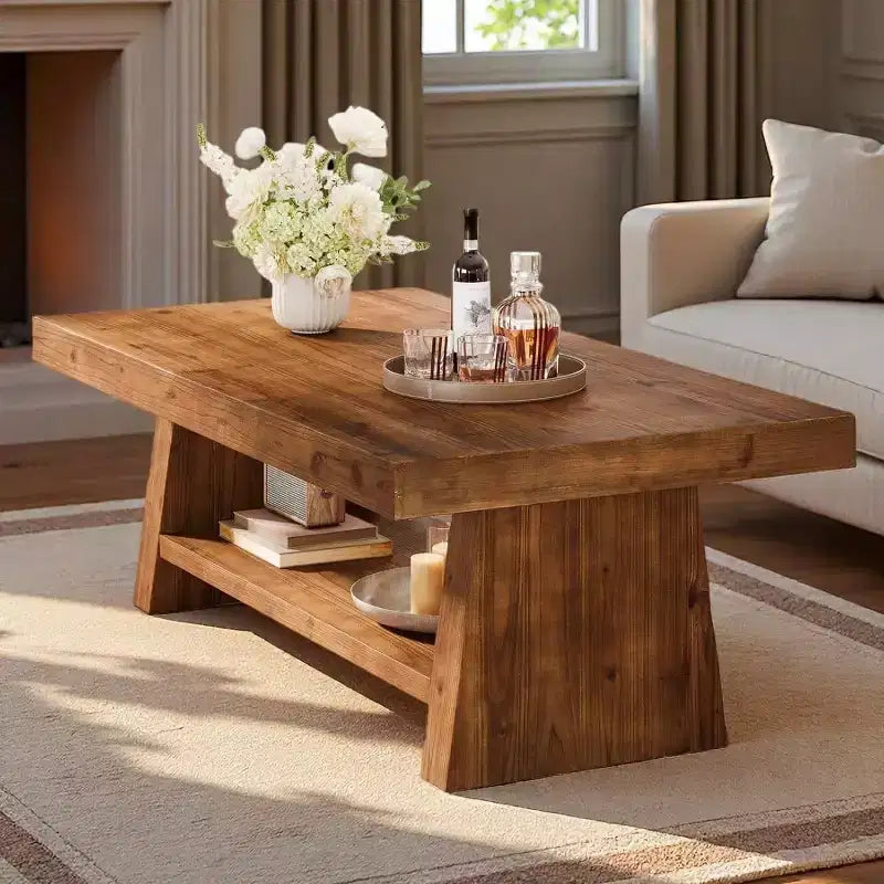 Table basse Lantine à 2 niveaux en bois massif, table basse de ferme de 47 pouces avec rangement pour salon, appartement, bureau à domicile, marron foncé