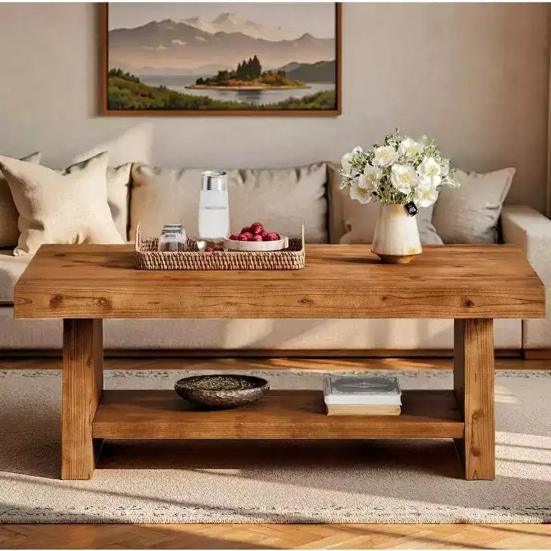 Table basse Lantine à 2 niveaux en bois massif, table basse de ferme de 47 pouces avec rangement pour salon, appartement, bureau à domicile, marron foncé