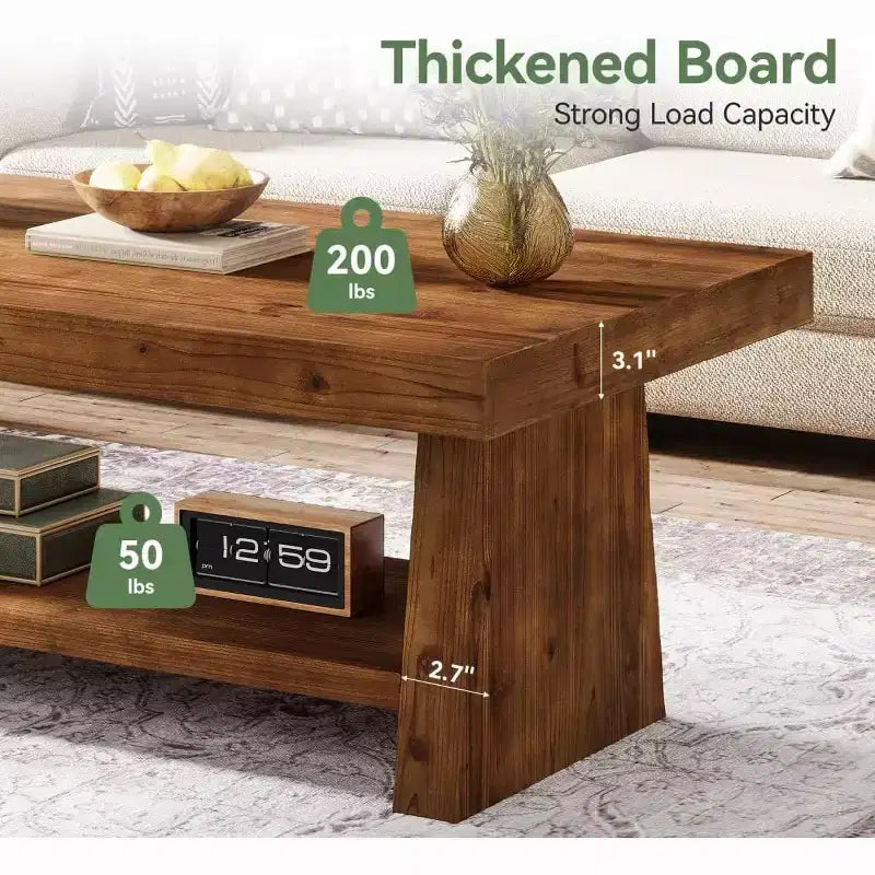 Table basse Lantine à 2 niveaux en bois massif, table basse de ferme de 47 pouces avec rangement pour salon, appartement, bureau à domicile, marron foncé