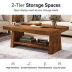 Table basse Lantine à 2 niveaux en bois massif, table basse de ferme de 47 pouces avec rangement pour salon, appartement, bureau à domicile, marron foncé