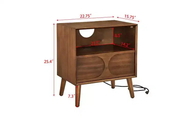 JVNOXK Chevet encastré de style moderne du milieu du siècle avec rangement ouvert et tiroirs, prises de courant intégrées et quatre pieds en bois massif, finition noyer