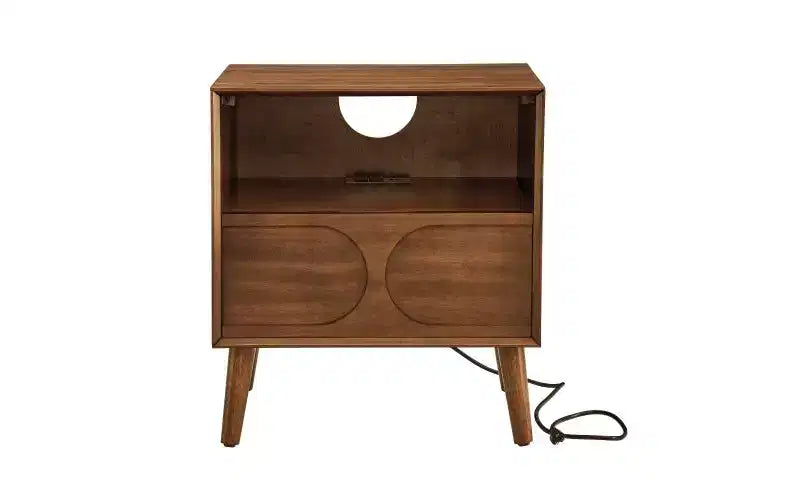 JVNOXK Chevet encastré de style moderne du milieu du siècle avec rangement ouvert et tiroirs, prises de courant intégrées et quatre pieds en bois massif, finition noyer