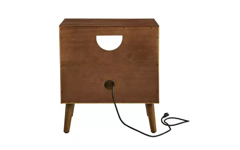 JVNOXK Chevet encastré de style moderne du milieu du siècle avec rangement ouvert et tiroirs, prises de courant intégrées et quatre pieds en bois massif, finition noyer