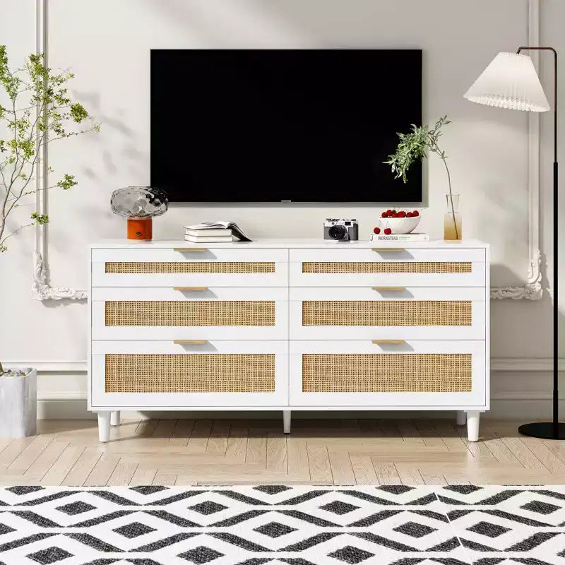 MAYEERTY 59 Armoire de rangement en rotin avec 6 tiroirs, poignée en métal et pieds en bois pour salon et chambre à coucher Blanc