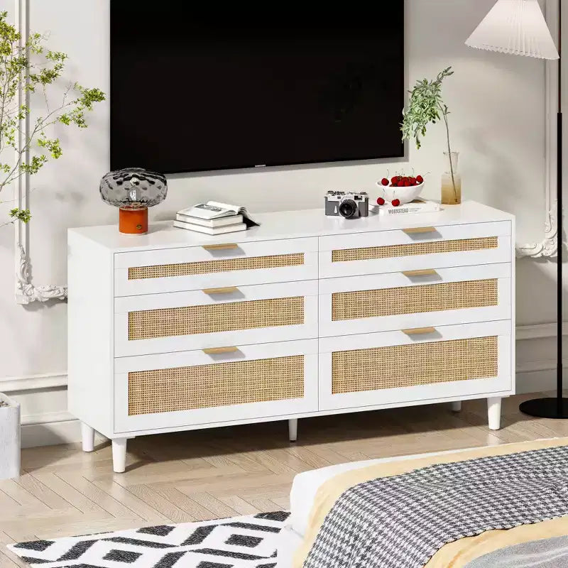 MAYEERTY 59 Armoire de rangement en rotin avec 6 tiroirs, poignée en métal et pieds en bois pour salon et chambre à coucher Blanc