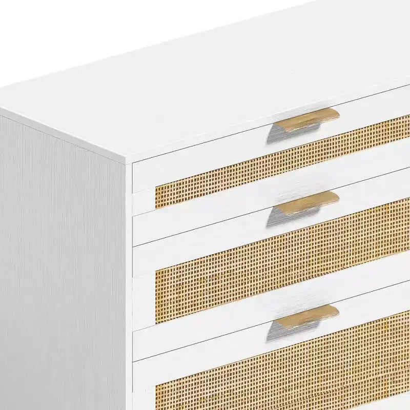 MAYEERTY 59 Armoire de rangement en rotin avec 6 tiroirs, poignée en métal et pieds en bois pour salon et chambre à coucher Blanc