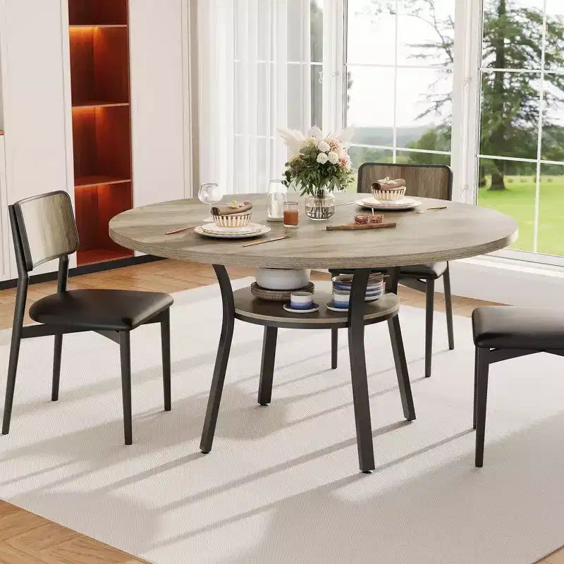 Table à manger ronde de ferme 47 pour 46 personnes, Table de cuisine et de petit-déjeuner en bois rustique avec étagère de rangement, Conception peu encombrante pour petits appartements